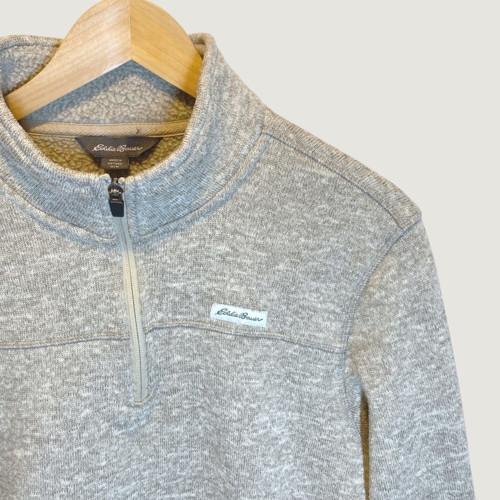 Eddie Bauer Quarter Zip Pullover Mens Medium Gray Excellent Sherpa Lined Sweater